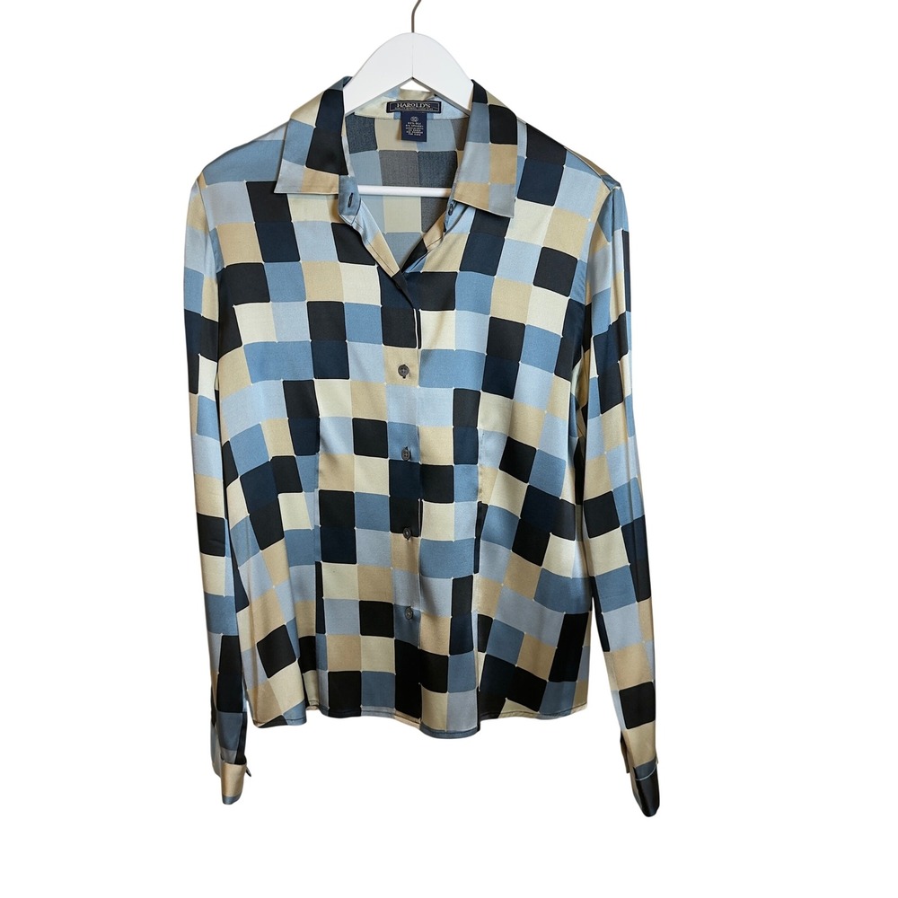 Vintage Harolds Women's Blue Tan Colorblock Check Silk Button Down Blouse Sz 10